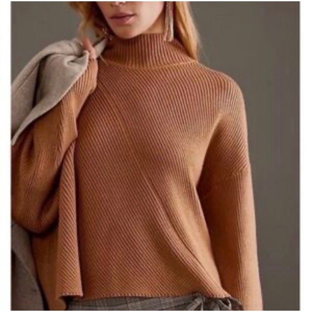 A10 Maeve Anthropologie Ribbed RollMock Neck Sweater Camel Brown Drop Shoulder M